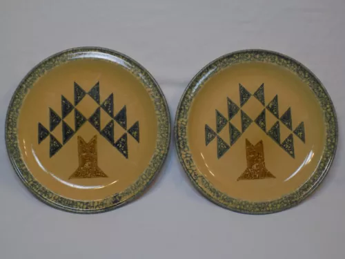 2 Pfaltzgraff Dinner Plate Set USA America Blue Sponge Tree MAFA Americana Quilt