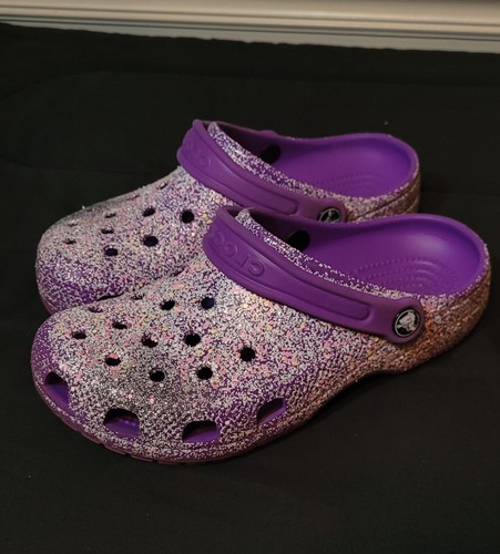 Crocs Shoes Girls 5 Classic Glitter Clogs Sparkly Purple Slip On Preowned