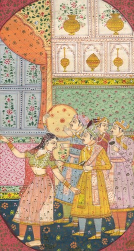 Mughal Miniature Painting King With Friends Enjoying Lady Dance 5.25x9.75 Inches - Picture 4 of 6