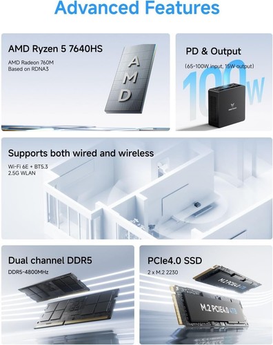 MinisForum UM760 Slim 16GB RAM 1TB SSD, AMD Ryzen 5 7640HS Prozessor MiniPc - Bild 9 von 12