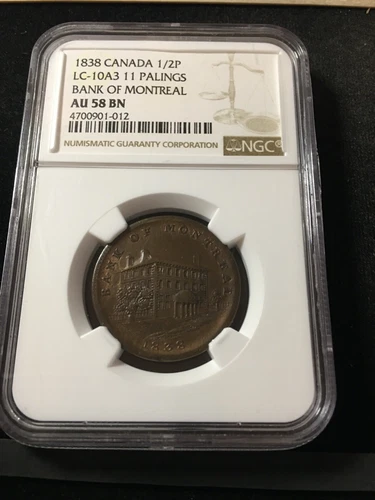 1838 Canada Token LC-10A3 , 11 Palings , NGC Graded**AU-58** Montreal Token #012