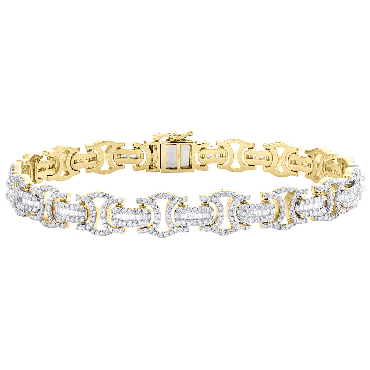 An image depicting 10K Yellow Gold Round & Baguette Diamond 9mm Fancy Statement Bracelet 3.75 CT.