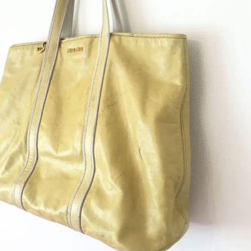 Auth Used miumiu Yellow Leather Tote Bag White Gold Logo large capacity Ex JAPAN - Picture 2 of 24