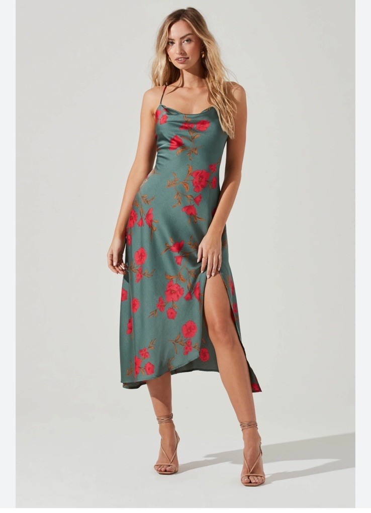 New ASTR the Label Gaia Floral Midi Slip Dress Teal-raspberry Size XS Cowl Neck