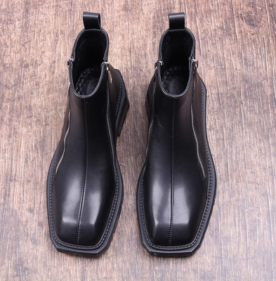 Men's Leather Zipper Boosts Square Toe Thick Heel Chelsea Boot Motorcycle Hot
