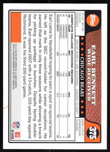 2008 Topps #375 Earl Bennett RC - Picture 2 of 2