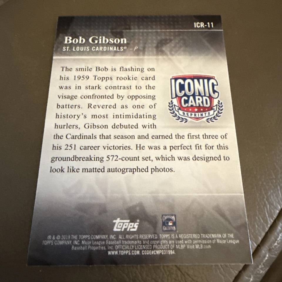 2019 Topps Baseball ICR-11 Bob Gibson Saint Louis HOF Reprint - Image 2 of 2