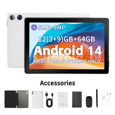 Tablet, 10 Inch Android 14 Tablets, 12GB+64GB ROM (TF 1TB) Octa-Core w/Keyboard