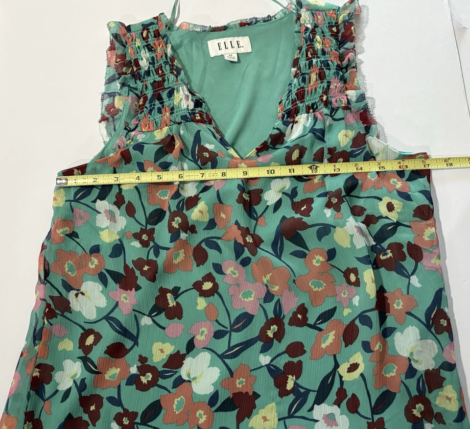 Blusa ELLE Mujer XS de Gasa Sin Mangas Cuello en V Verde Floral Forrada Ligeramente Aireada Foto 3 de 4
