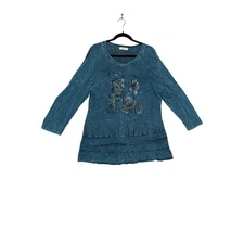 Jess & Jane size XL top blue cotton lagenlook boho peplum office mineral washed