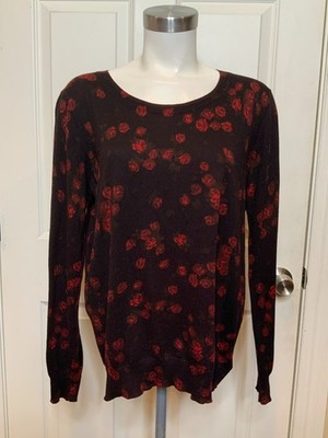 Michael Kors Black Red Rose Thin Knit Crew Neck Sweater, Size XL