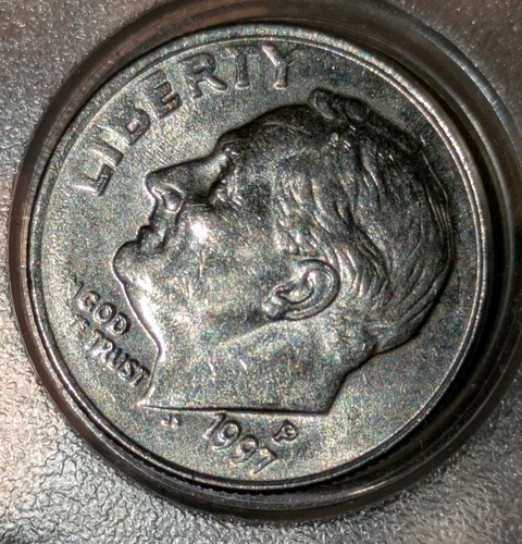 1997-P 10c Dime Struck Through Grease Error Obverse Reverse Missing Mottos - Picture 7 of 13