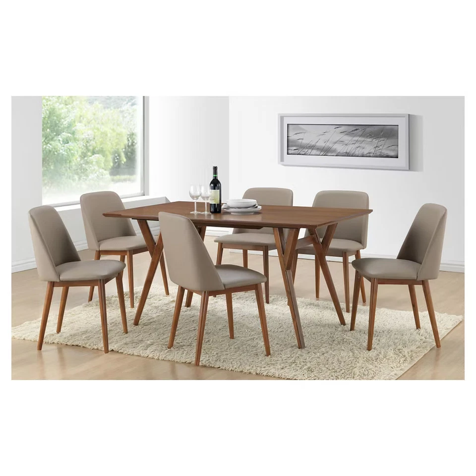 Sillas de comedor Lavin Mid-Century de cuero sintético - marrón nogal/beige (juego de 2) Foto 4 de 4