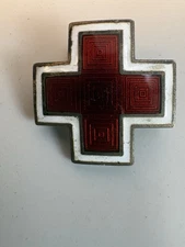 Vintage Red Cross Style Guilloché Enamel Pin w/ Mark & PAT 2066969 Clasp