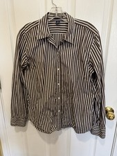 Chaps Women Brown And White Striped Button Up Dress Shirt Size Large L Fitted