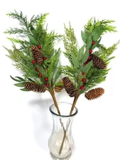 22” Real Touch Cedar Pine Pick with Red Berries & Pinecones Christmas Greenery