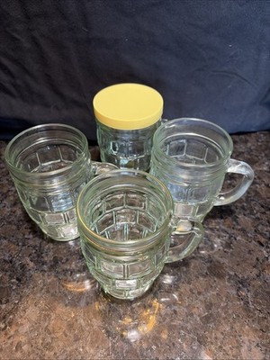 Vintage German Mustard Glass Barrel Mugs Root Beer  Set Of 4 w/ 1 Lid - 4 1/4''