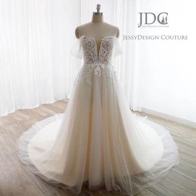 Illusion Brautkleid Hochzeitskleid Maßanfertigung 32-60 Blätt Spitze Weichtüll