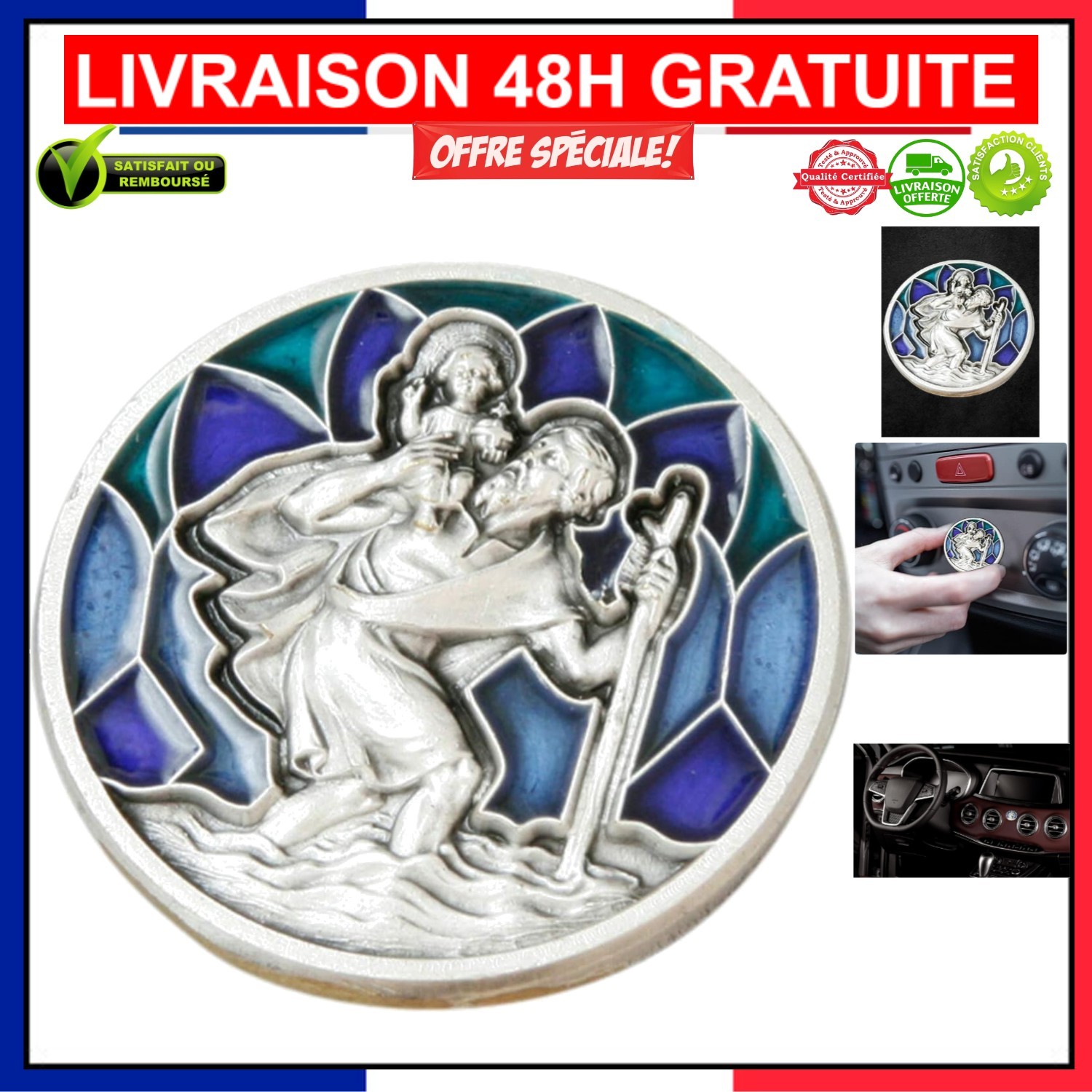 Médaille Saint Christophe bleue de 3cm pour sécuriser tous vos trajets quotidiens en voiture