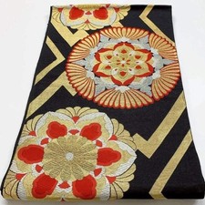 6378 Japanese Vintage Fukuro Obi Belt Kimono Fabric Silk Traditional Black
