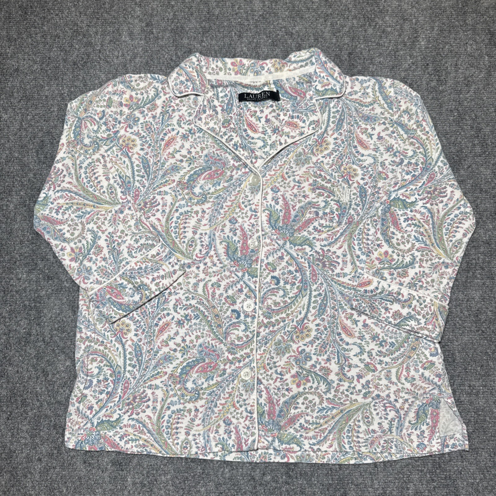 Lauren Ralph Lauren Black Label Green Paisley Floral Button Lounge Top Size S