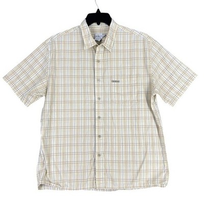 Calvin Klein Jeans Mens Tan Plaid Short Sleeve Button Up Shirt L G Cotton