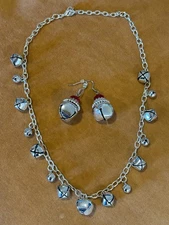 Jingle Bell Christmas Necklace & Earring Silver tone Set Holiday Jewelry