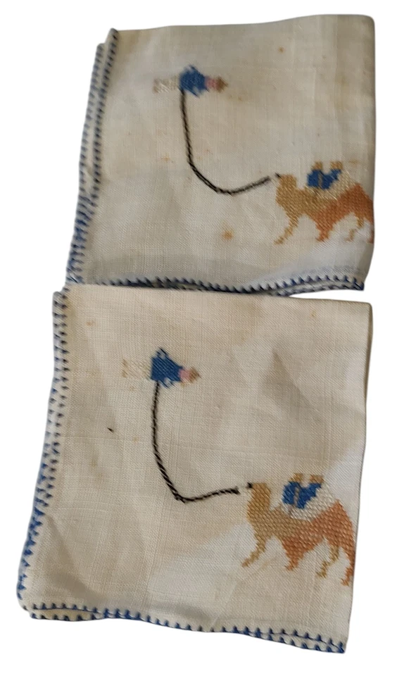 Pañuelo de punto de cruz vintage de lino para hombre con borde azul camel conjunto de seis VER Foto 4 de 4