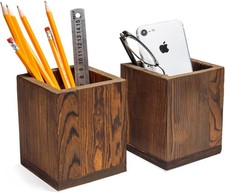 Set of 2 Natural Grain Wood Desktop Pen Holder Pencil Holder Cup Office Dorm