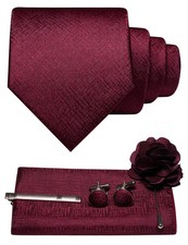 Mens Burgundy Tie Necktie and Pocket Square with Lapel Pin,Cufflinks,Tie Clip...