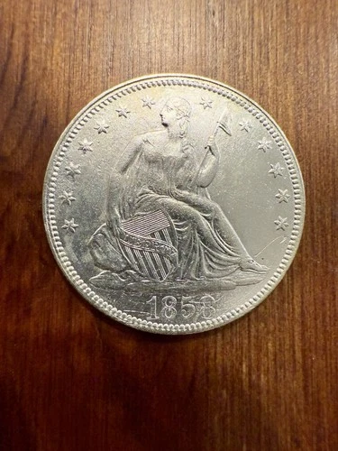 1858p Seated Liberty Half Dollar 50c — XF/AU Details — Harshly Cleaned/Scratches