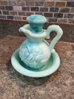 Vintage Avon Victorian Style Pitcher and Bowl Blue Green Milk Glass Bath Oil