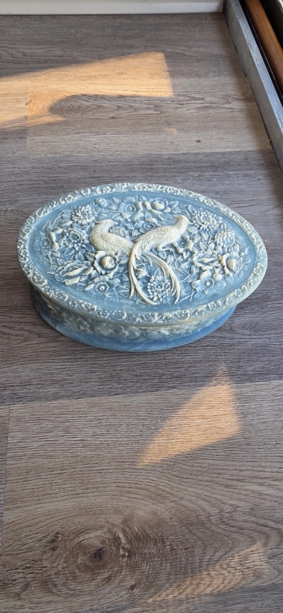 Vintage Genuine Incolay Stone Oval Jewelry Box With Birds of