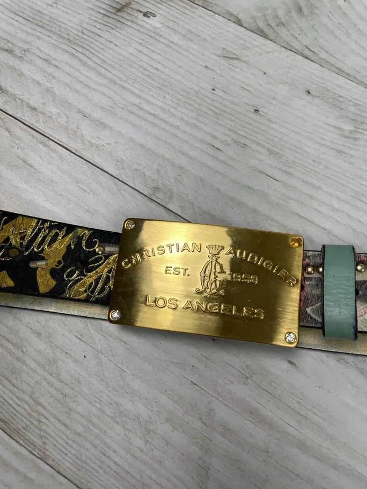 Cinturón de cuero vintage Christian Audigier con hebilla metálica Y2K para hombre negro Foto 4 de 4