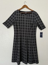 Chaps Wear to Work 3/4 Sleeve Knit Sheath Dress XLStretchy Black White Plaid NWT