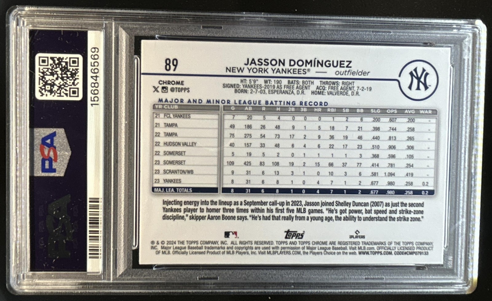 2024 Topps Chrome Logofractor Jasson Dominguez Rookie RC #89 Yankees PSA 10 view 2