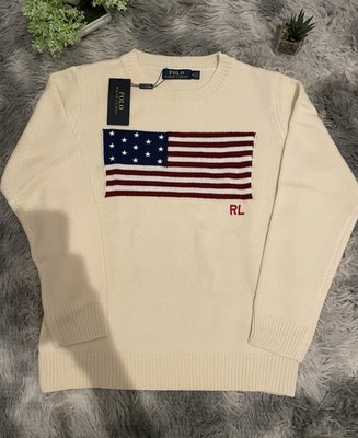 Polo Ralph Lauren Strickpullover mit USA-Flagge   Creme / Neu mit Etikett