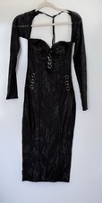 Goth Grunge Black Lace Corset Midi Dress Long Sleeve Bodycon Stretchy Vamp