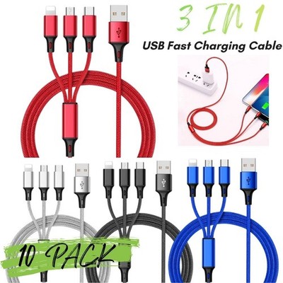 10X Universal 3 in 1 Fast USB Charging Cable Multi Function Cell Phone Charger