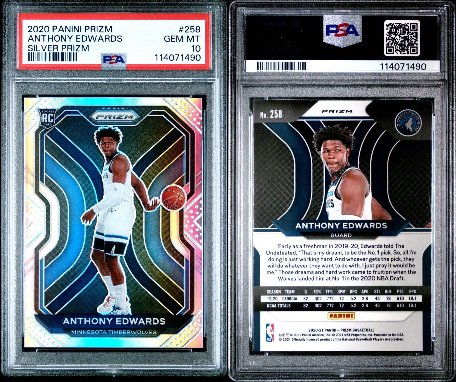 2020 PANINI PRIZM #258 ANTHONY EDWARDS SILVER PRIZM PSA 10 ROOKIE 🏀🔥 view 3