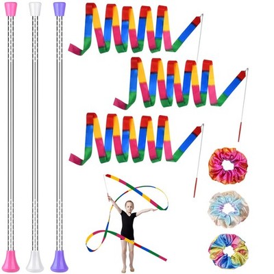 3 Pcs Twirling Batons 3 Pcs Ribbon Dancer Wands and 3 Pcs Rainbow Scrunchies ...
