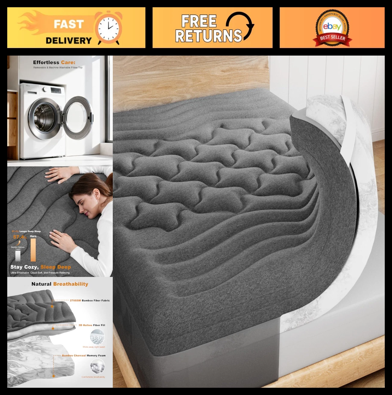 King Size 4 Inch Dual Layer Bamboo Memory Foam Mattress Topper - Soft Pillow Top