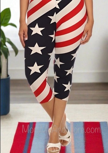 NEW OS Women 4th of July American Flag Capri Leggings Butter Soft Yoga Pants - Picture 2 of 6