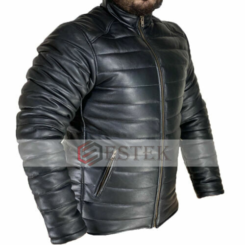 Men's 100% Real Black Lambskin Leather Quilted Zipped Puffer Casual Jacket - Picture 5 of 5