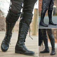 Vintage Medieval Men's Boots Shoes Winter Knee High Boots Cross Strap Lace Up