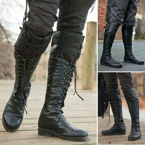 Vintage Medieval Men's Boots Shoes Winter Knee High Boots Cross Strap Lace Up - Picture 1 of 14