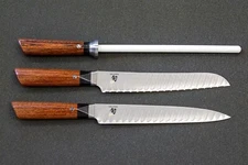 RARE Shun Kramer Knives - Damascus Bread, Slicer, & ceramic hone set