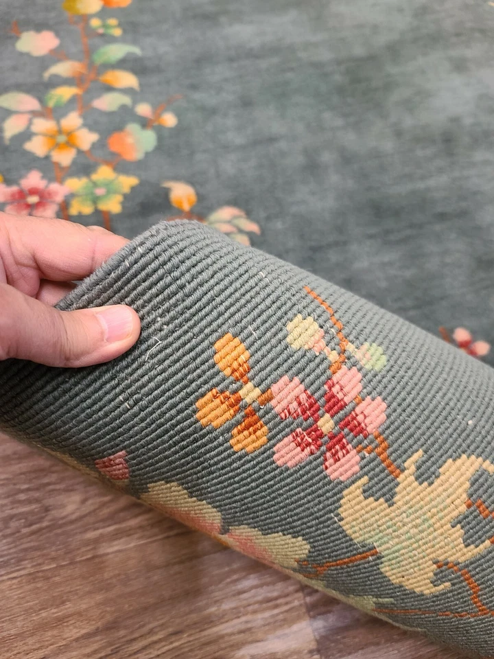 Antique handwoven authentic Chinese olive green rug size 4x6'9" circa 1920s - Image 4 of 4