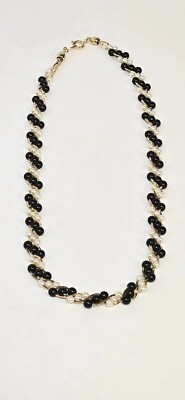 Vintage Trifari Faux Pearl And Black Beaded Necklace Goldtone 18''