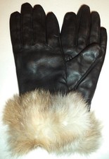 Ladies Fur Cuff Genuine Leather Gloves,Black,Medium